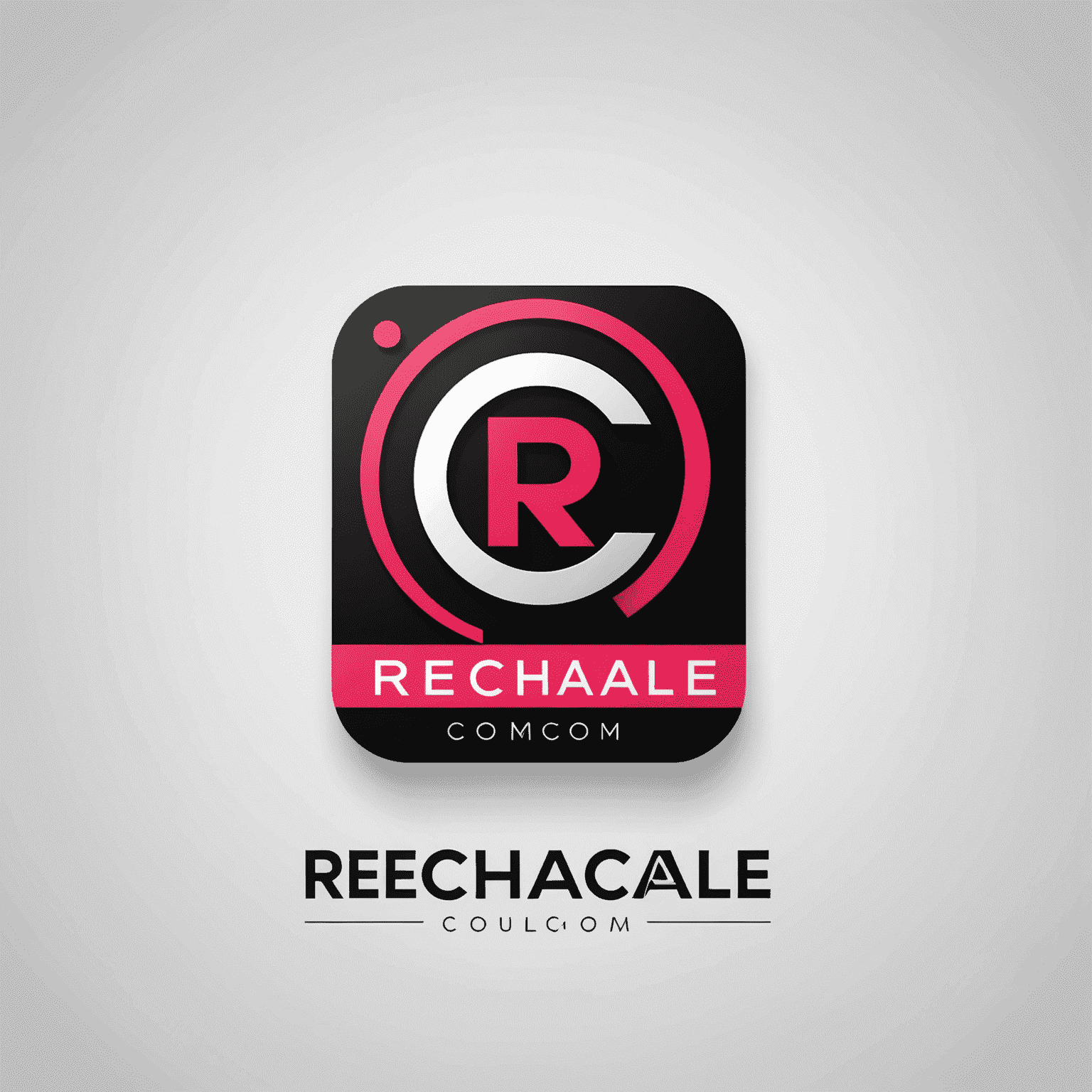 شعار rechacale_com يظهر تصميمًا حديثًا يجمع بين الأحمر والوردي والأسود والأبيض، ويعكس حلول الواجهة عبر الإنترنت