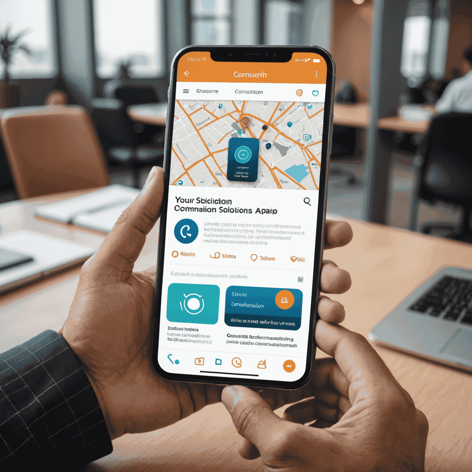 صورة تظهر شاشة هاتف ذكي مع واجهة مستخدم حديثة ومبتكرة، تعرض تطبيقًا لحلول الاتصال في البحرين