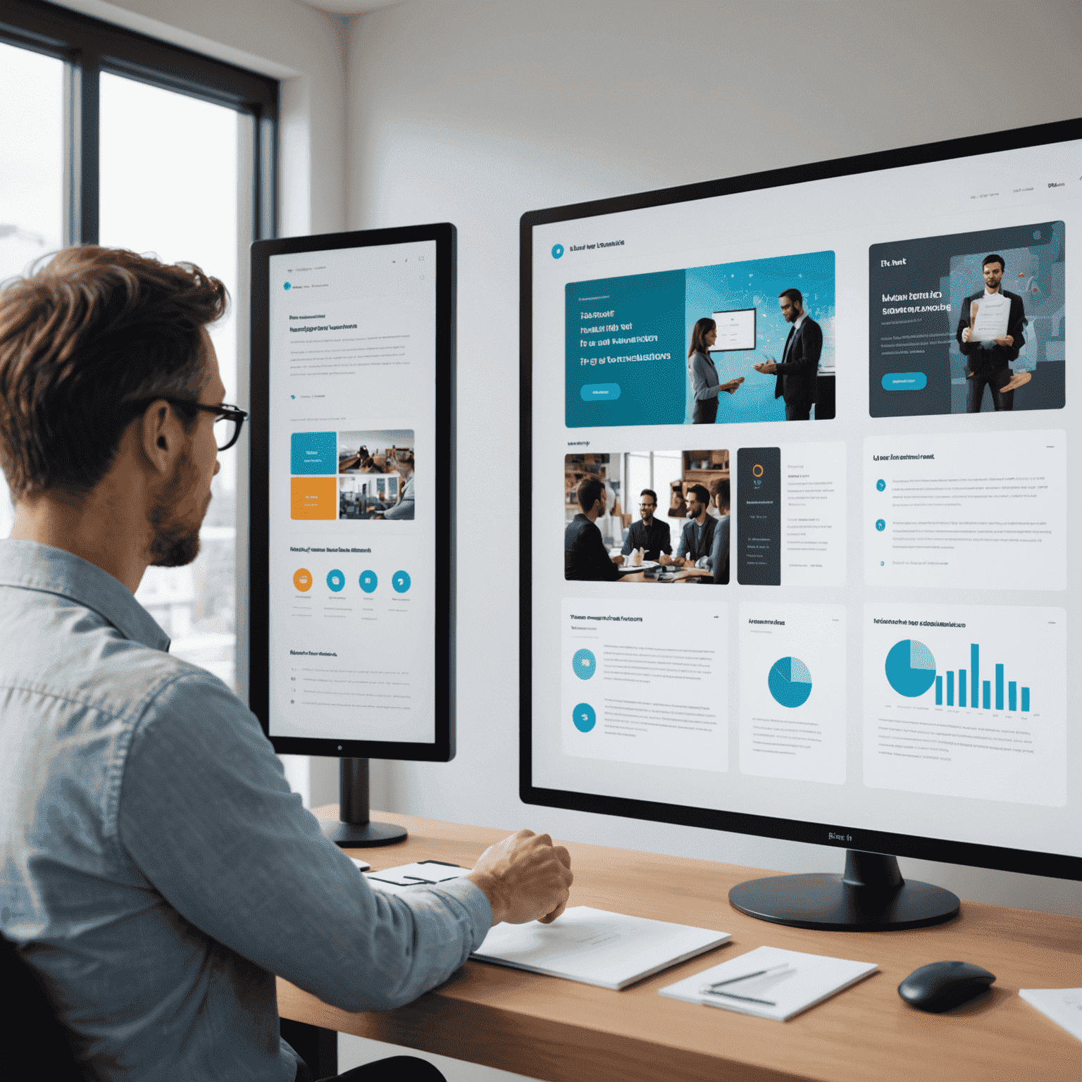 صورة توضيحية لاستشارات واجهة المستخدم وتجربة المستخدم تظهر شخصًا يقدم عرضًا تقديميًا أمام شاشة كبيرة تعرض تصميمات مختلفة لواجهات المستخدم