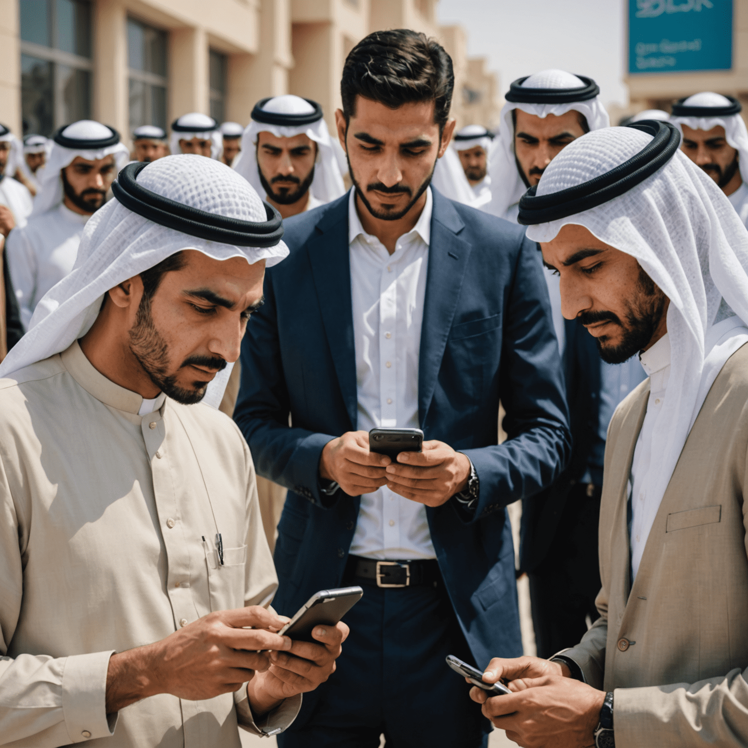 صورة تعرض مجموعة من الأشخاص يستخدمون هواتفهم الذكية، مع تركيز على تطبيق اتصالات في البحرين